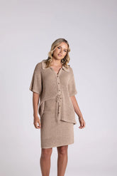 Two T's Tape Yarn Short Sleeve Cardigan - Sand